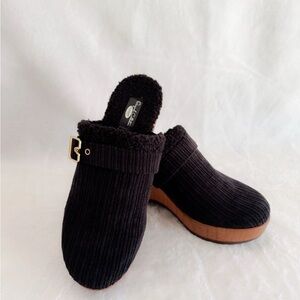 Dr Scholls Shoes Womens Size 7M Black Pixie Clog Wedge Faux Fur Corduroy Buckle